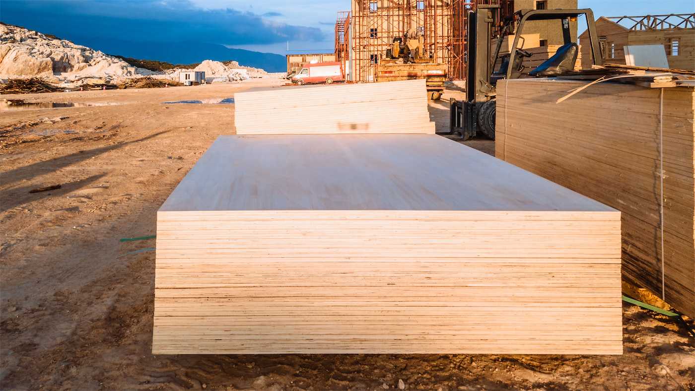 Sheets of MDO plywood stacked